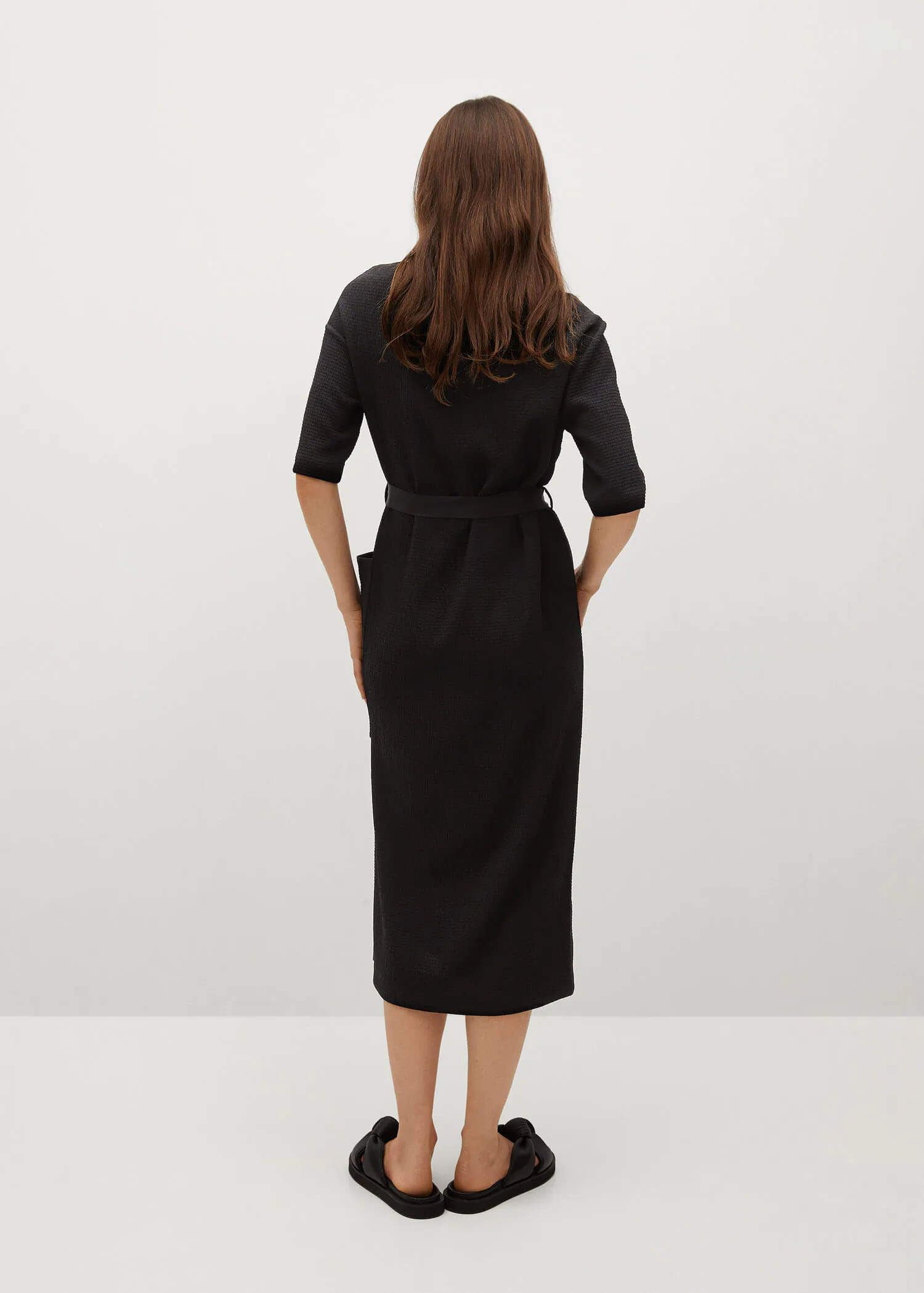 Đầm Nữ Mango Belted Textured Dress Black