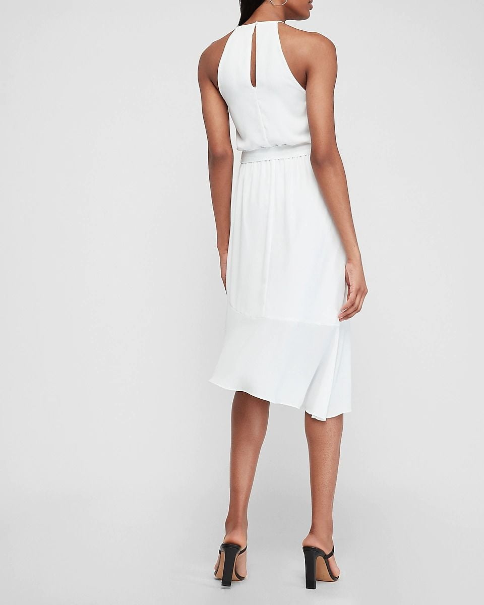 Đầm Nữ Express High Neck Asymmetrical Ruffle Wrap Midi Dress White