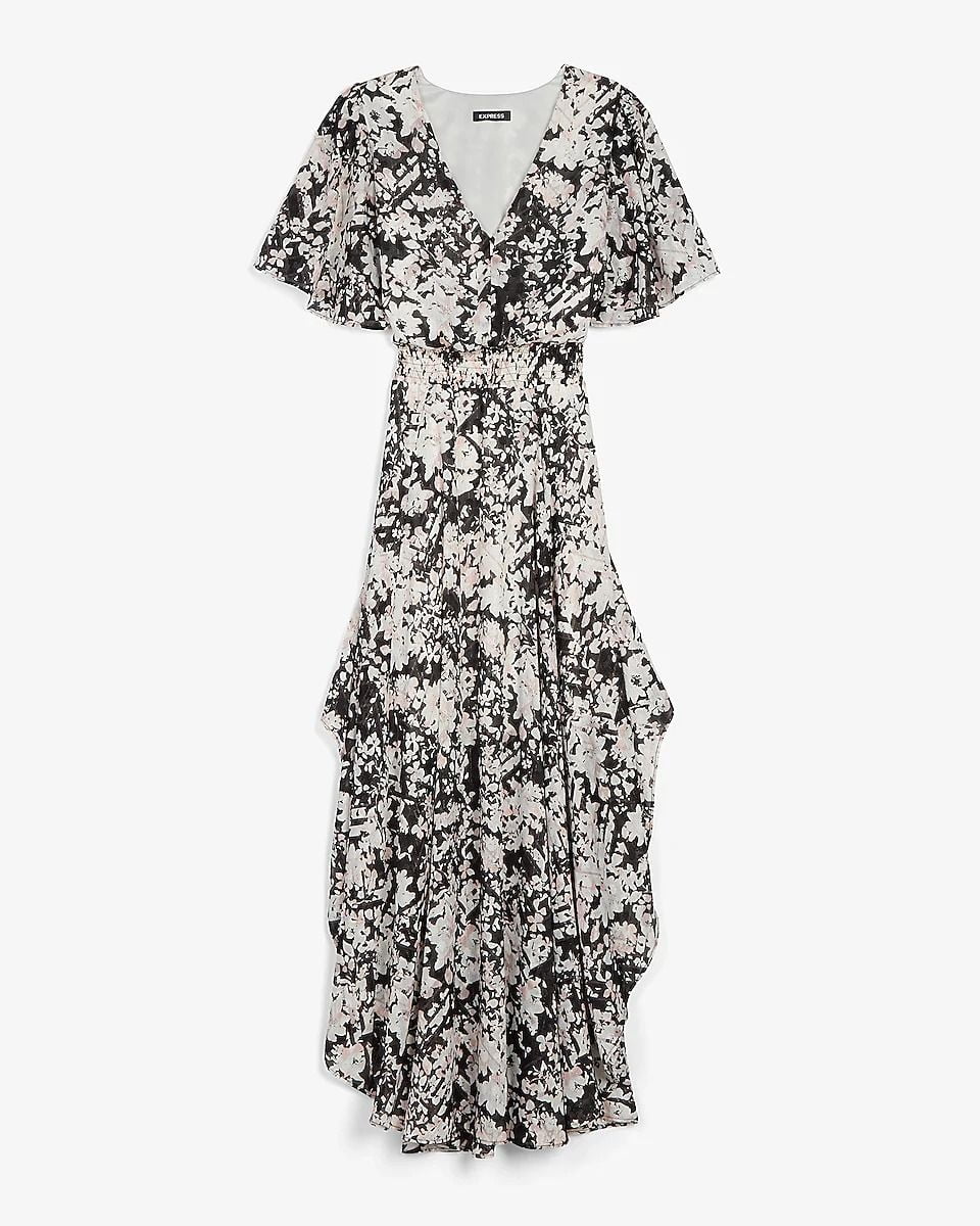 Đầm Nữ Express Metallic Floral Smocked Waist Maxi Dress Black Print