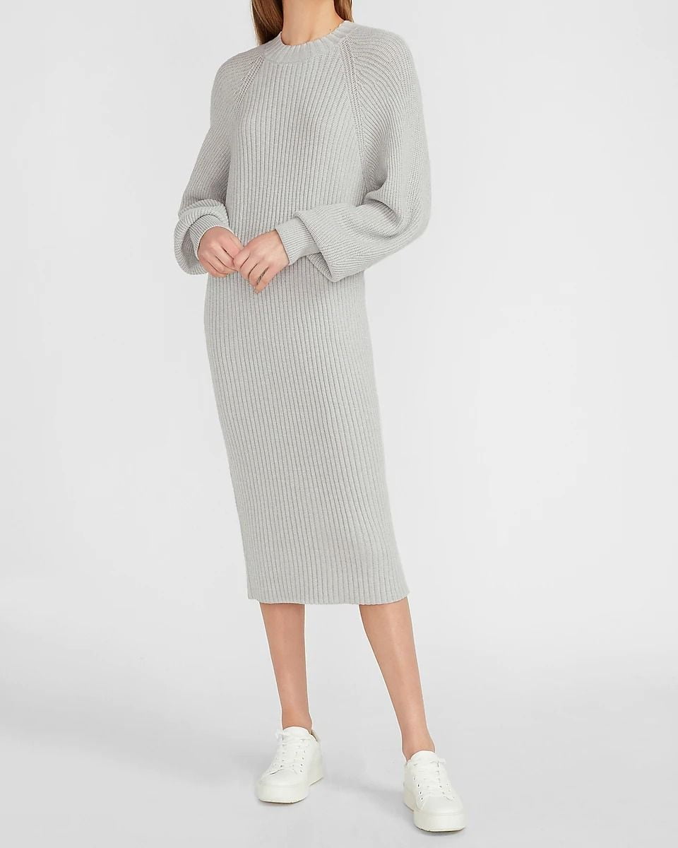 Đầm Nữ Express Balloon Sleeve Midi Sweater Dress Silver Heather Gray