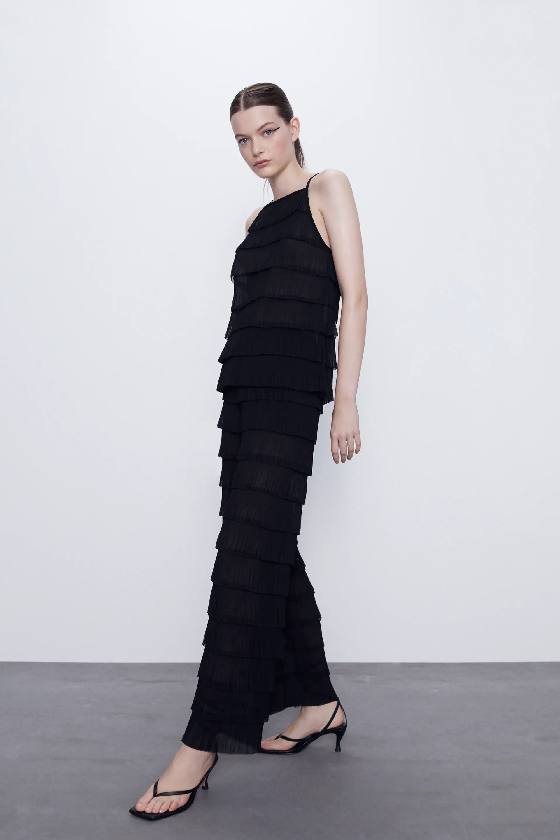 Áo Dây Nữ Zara Ruffled High Neck Top TRF Black