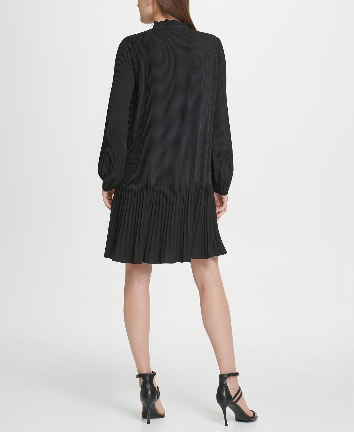 Đầm Nữ DKNY Long Sleeve Tie Neck Pleated Shift Dress Black