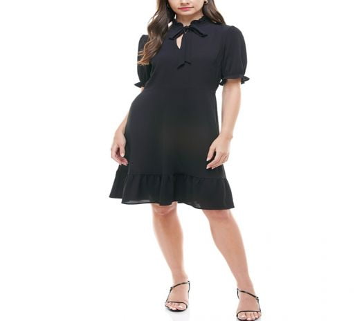Đầm Nữ Monteau Petite Tie-Neck Ruffled-Hem Dress Black