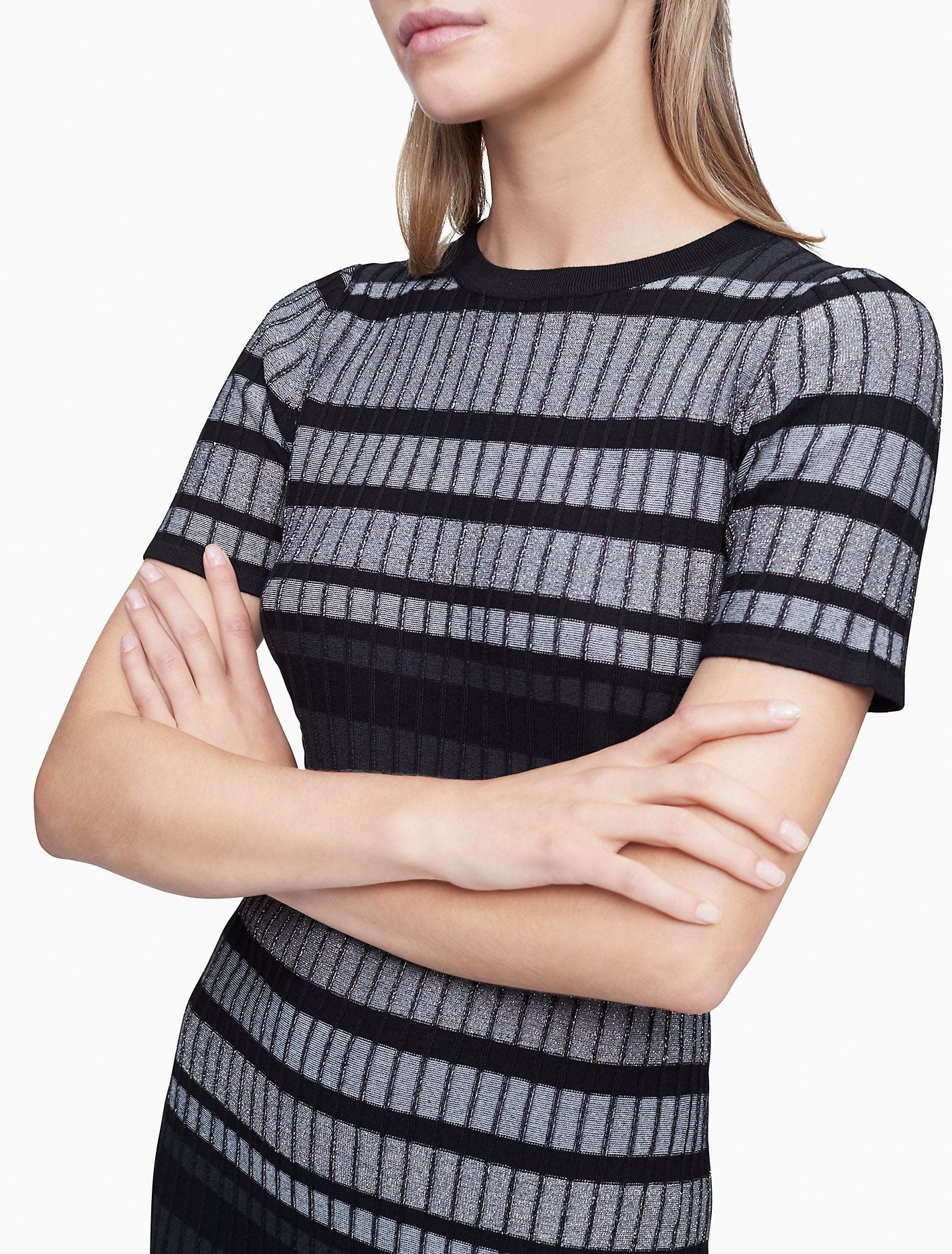 Đầm Nữ Calvin Klein Striped Sheath Sweater Dress Black Cream
