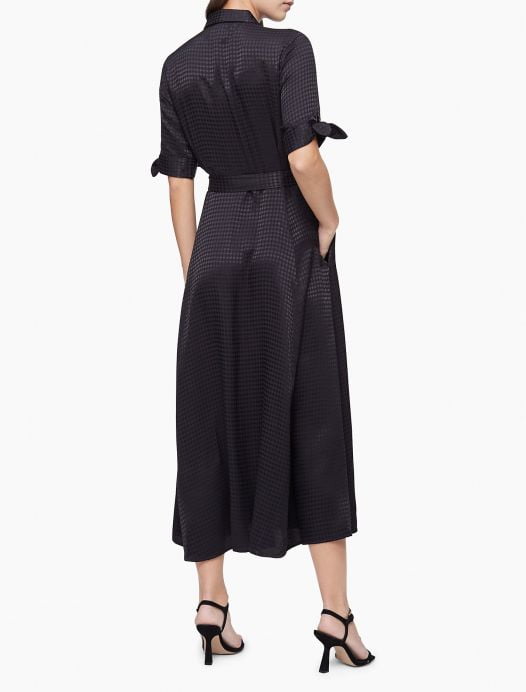 Đầm Nữ Calvin Klein Houndstooth Tie Sleeve Belted Maxi Shirt Dress Black