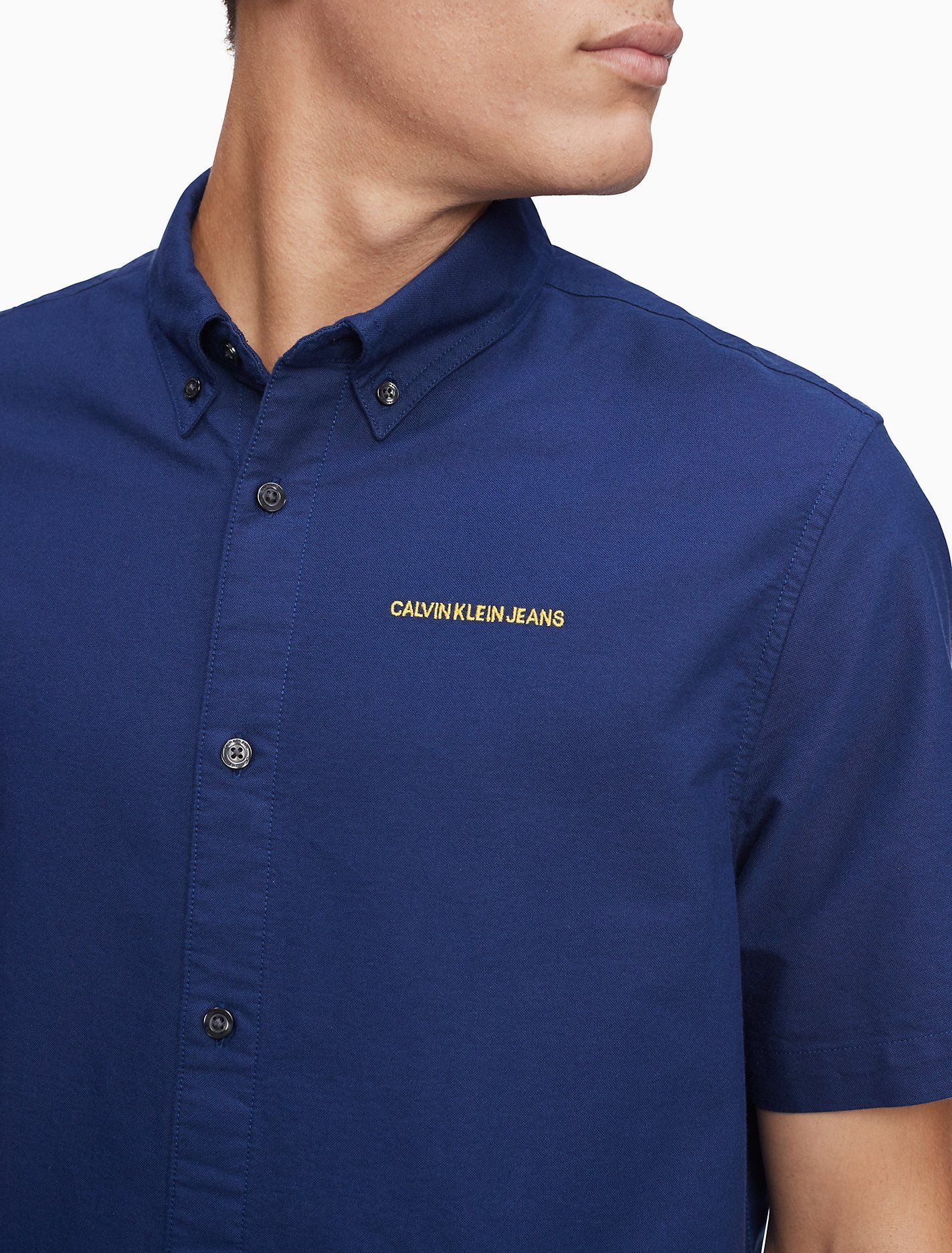 Áo Sơ Mi Nam Calvin Klein Boxy Fit Chainstitch Logo Short Sleeve Shirt  Medieval Blue