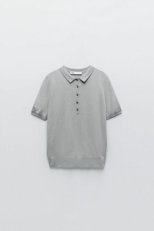 Áo Polo Nữ Zara Polo Shirt With Rhinestone Buttons Mid Grey