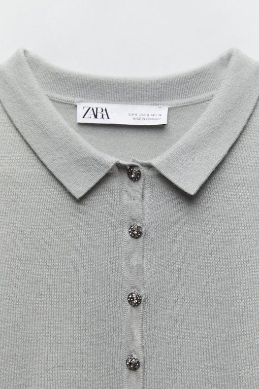 Áo Polo Nữ Zara Polo Shirt With Rhinestone Buttons Mid Grey
