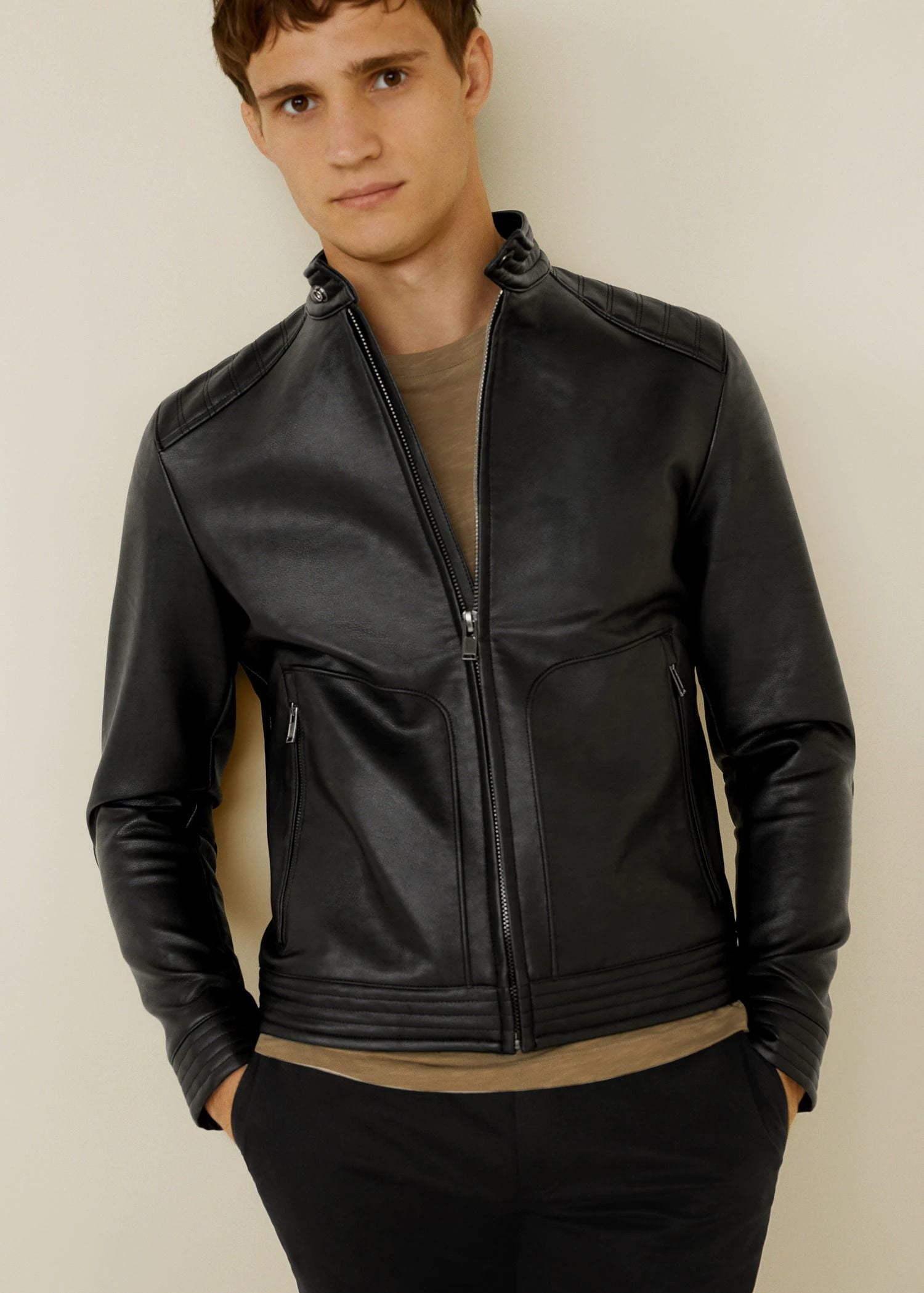Áo Khoác Nam Mango Faux Leather Biker Jacket Black