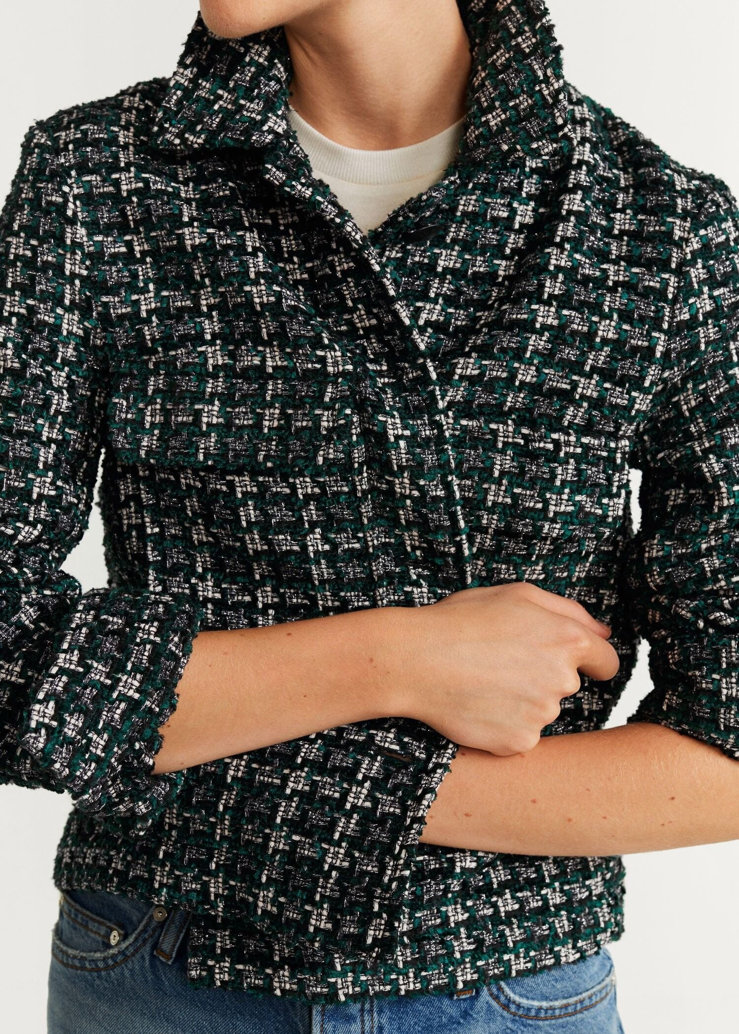 Áo Khoác Nữ Mango Pocket Tweed Jacket Dark Green