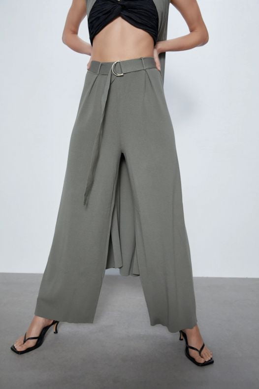 Quần Thun Dài Thắt Lưng Nữ Zara Wide Leg Belted Pants Khaki