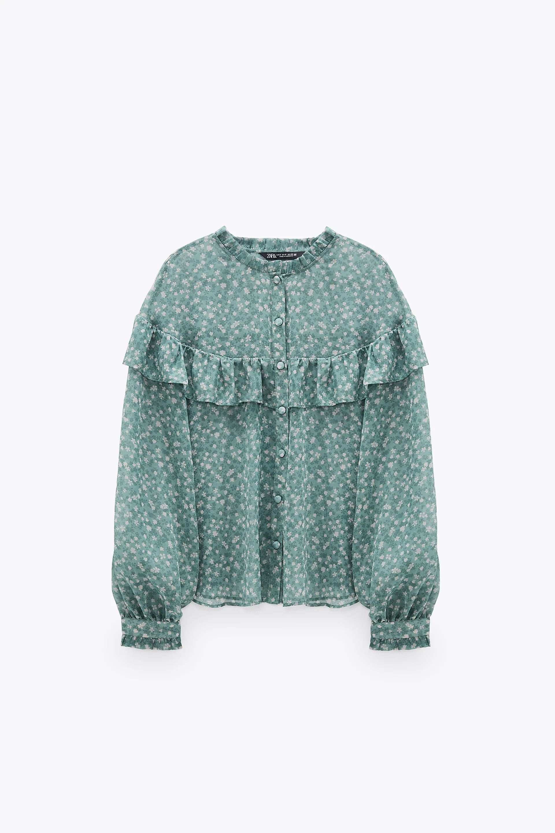 Áo Sơ Mi Nữ Zara Ruffled Printed Blouse Sea Green